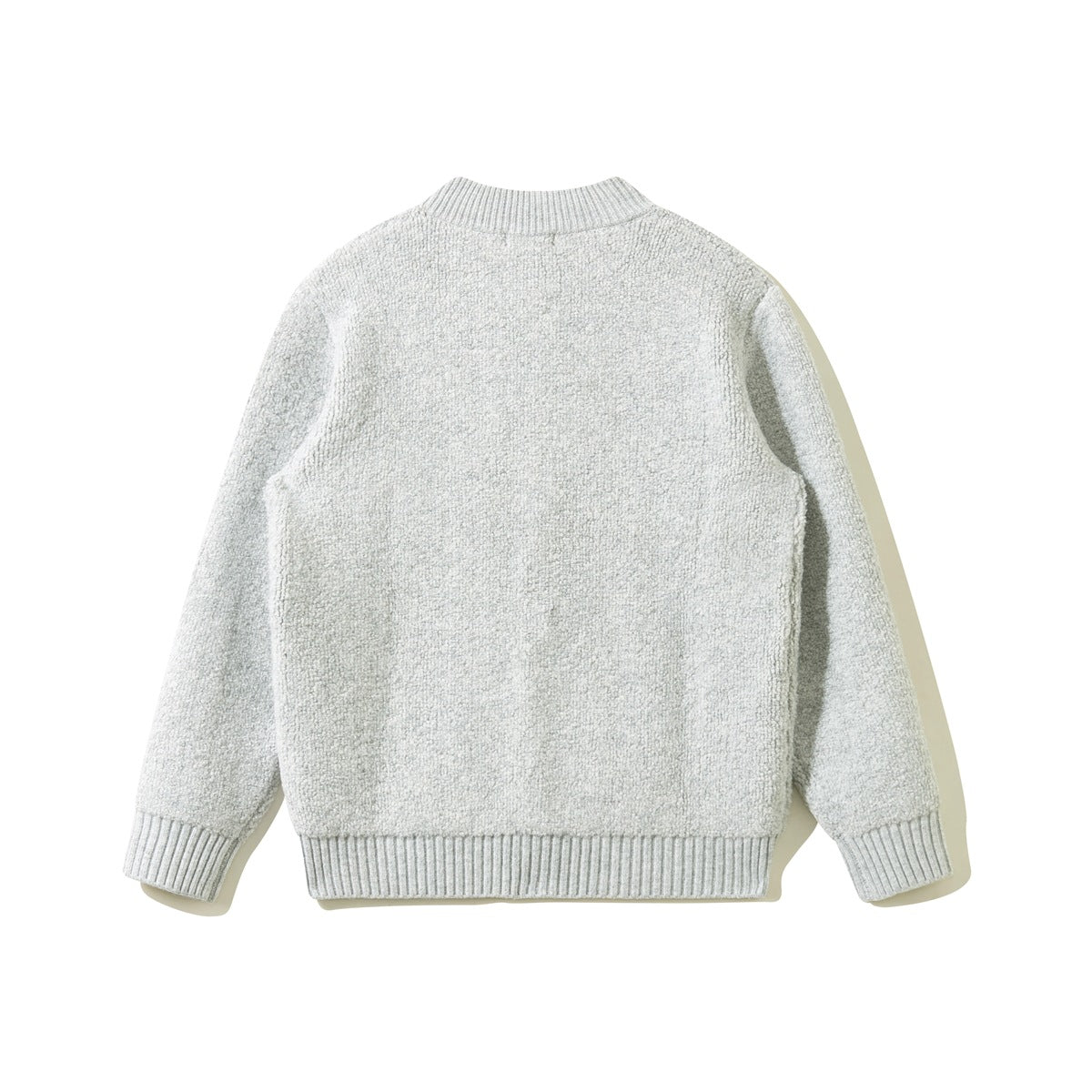 Back view of light gray textured knit cardigan with ribbed crew-style neckline, cuffs and hem