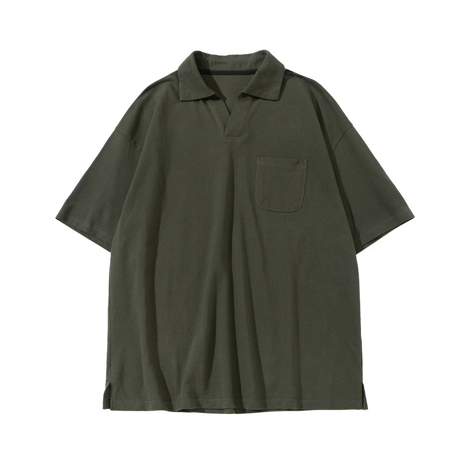 Olive green short-sleeved polo-style shirt with open collar, chest pocket and side hem slits, flat lay