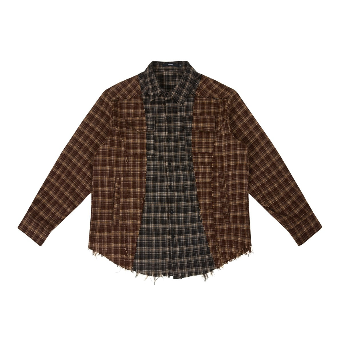 Flat lay front of a brown and dark gray patchwork plaid long-sleeve button shirt with chest flap pockets and frayed hem