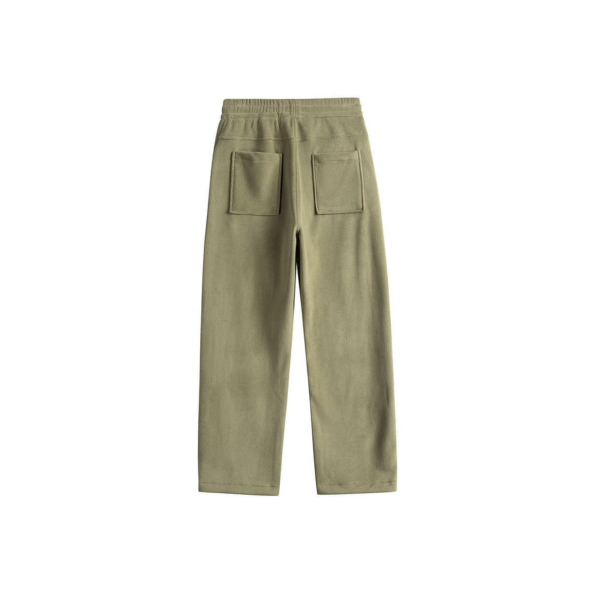 Rear view of olive-khaki straight-leg pants with an elastic waistband and two square back patch pockets.