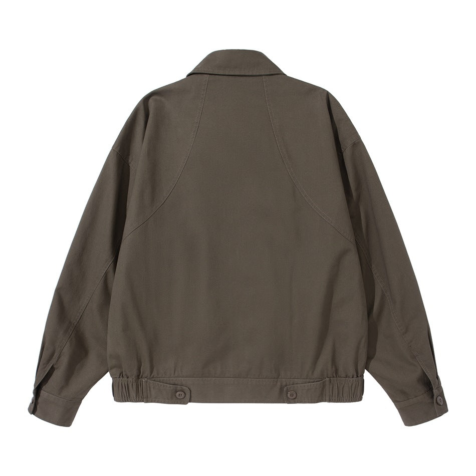 Back view of a dark brown collared jacket with curved seams, button cuffs, and an elasticated hem.