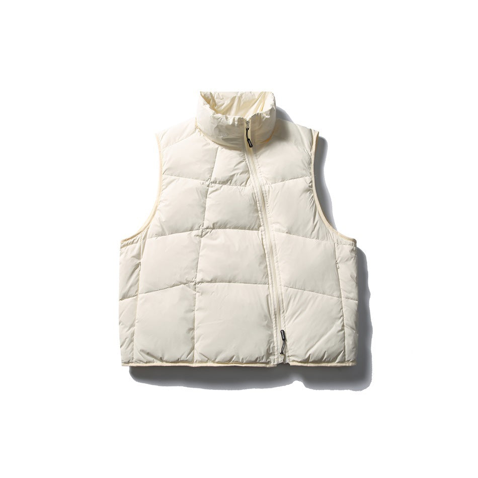 Off-white quilted stand-collar puffer vest with diagonal front zipper and tonal edge binding, flat lay