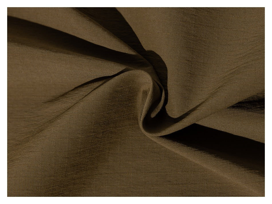 Close-up of brown fabric gathered into folds, showing its surface texture.