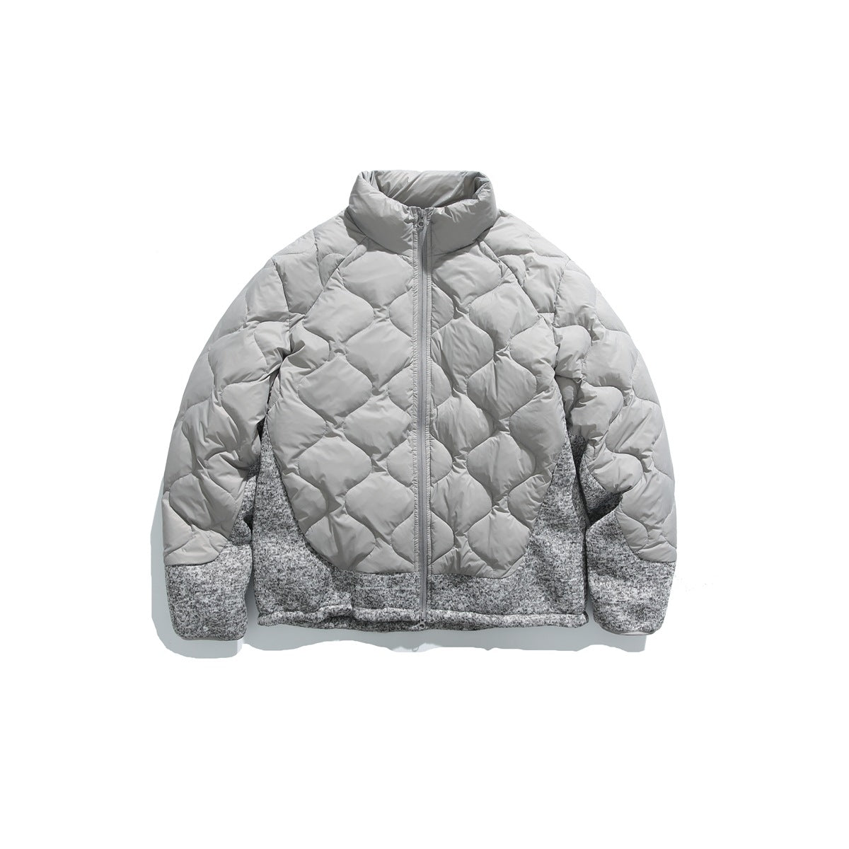 Light gray quilted stand-collar zip jacket with marled gray knit-look side, hem and cuff panels, front view