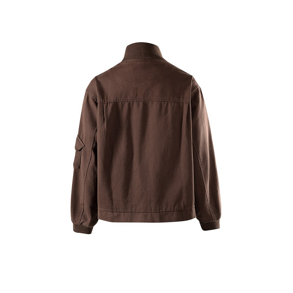 Back view of a brown jacket with a ribbed stand collar, long sleeves, and ribbed cuffs.