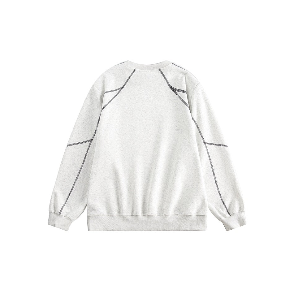 Back view of a light gray crewneck sweatshirt with dark contrast stitching and ribbed cuffs and hem, on white.
