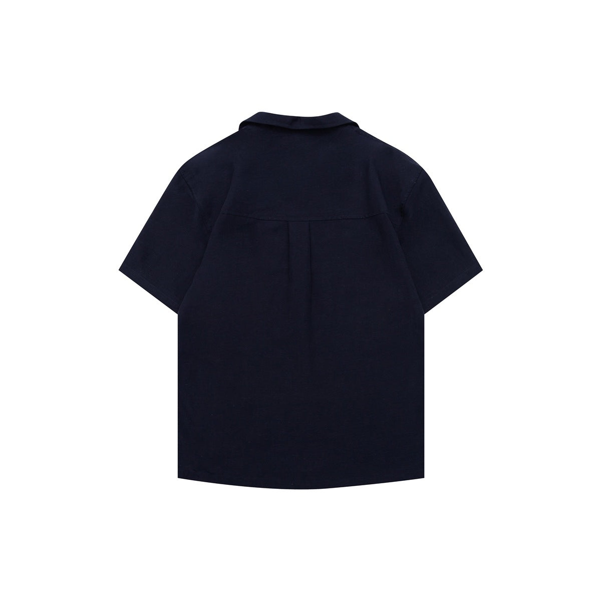 Back view of navy short-sleeve polo-style top with collar and center back pleat on a plain white background