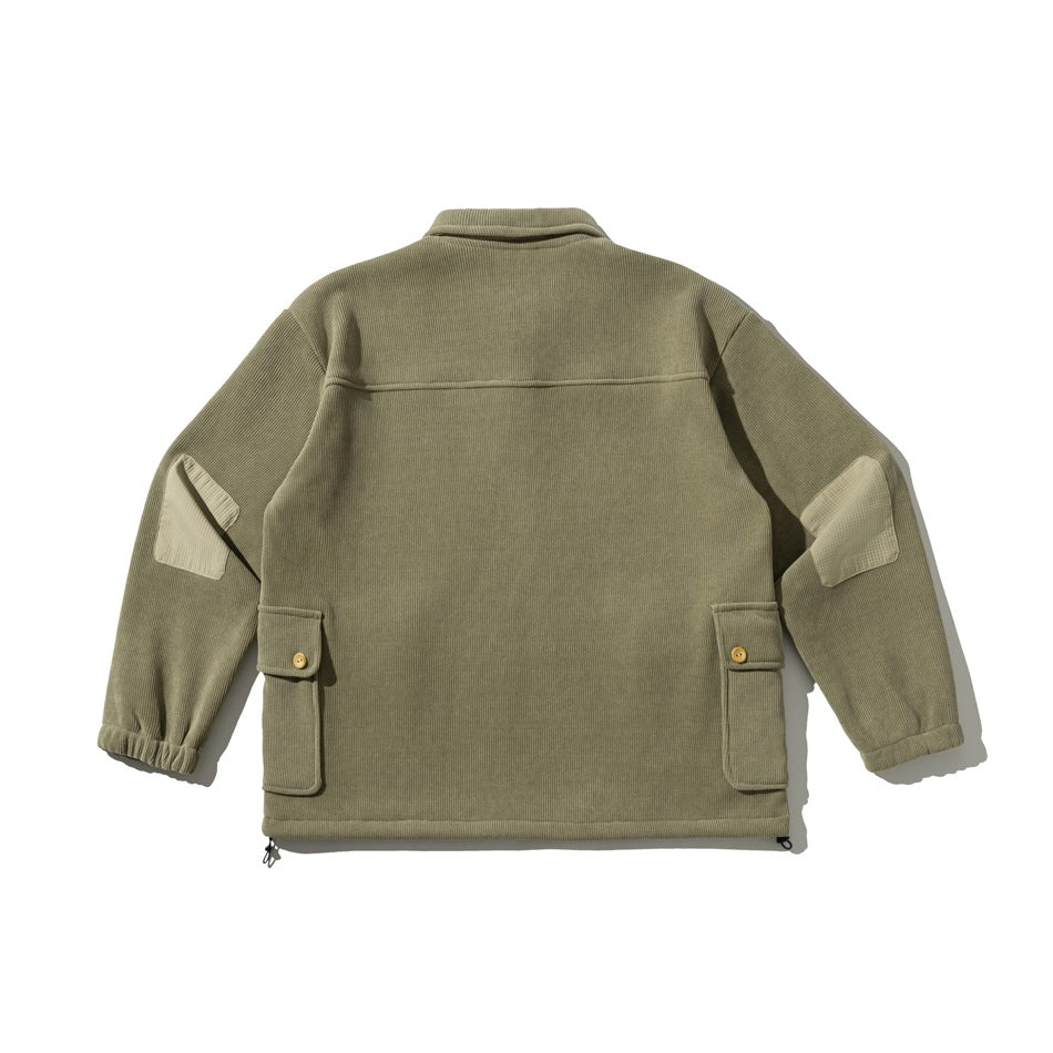 Back view of an olive pullover with elbow patches, flap pockets, elastic cuffs, and hem drawcords.