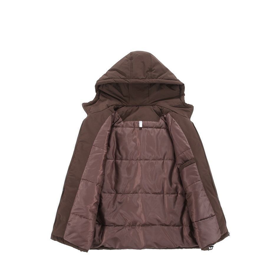Brown hooded jacket opened to show its shiny quilted brown lining and inner sleeves.