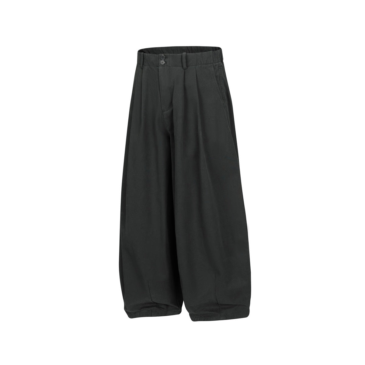 Front view of charcoal wide-leg trousers with a pleated waist, two-button closure and slanted pockets.