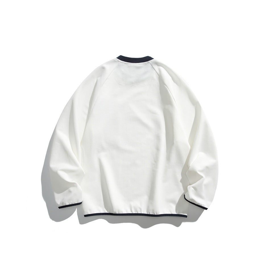 Back view of an off-white long-sleeve crewneck sweatshirt with a dark navy collar and trim at the cuffs and hem.