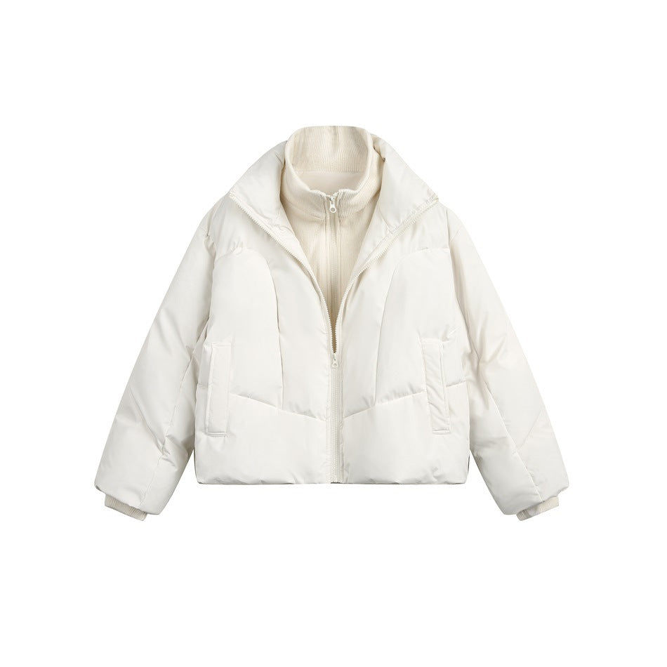 Off-white cropped puffer jacket with a stand collar, front zipper and cream ribbed knit inner layer, flat front view