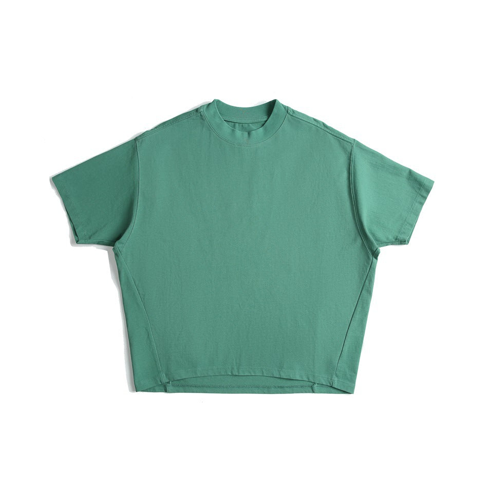 Teal short-sleeve T-shirt with a high crew neckline, shown flat against a white background.