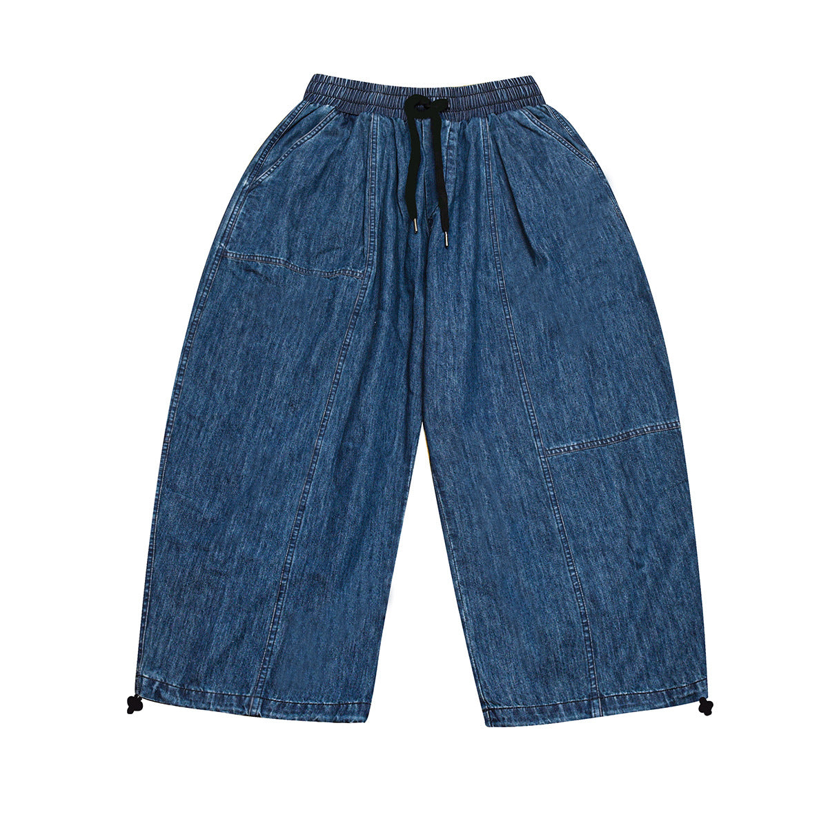 Blue washed denim wide-leg pants flat lay with elastic drawstring waist and toggle ankle hems