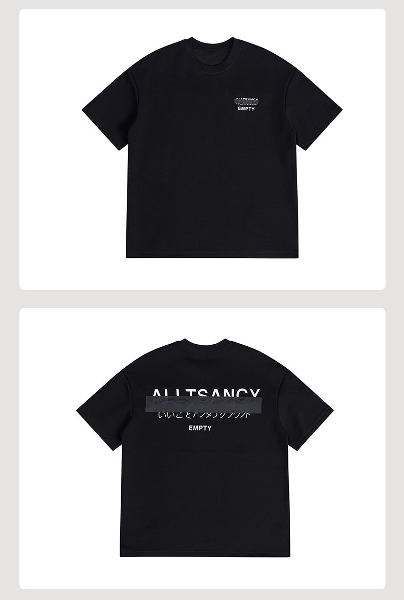 Catalog layout showing the front and back of a black short-sleeve T-shirt with chest and back graphics.