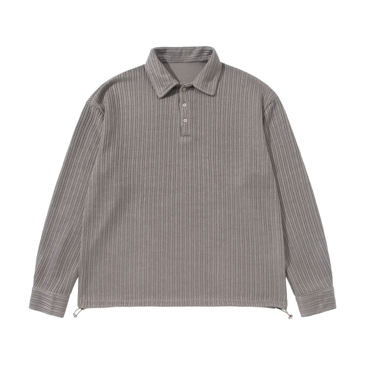 Gray-taupe ribbed long-sleeve polo pullover flat lay with three-button placket and drawstring hem