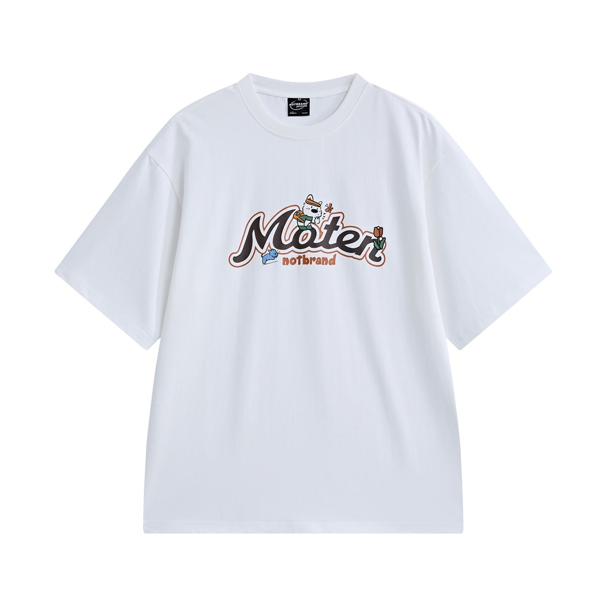 White short-sleeve crew-neck T-shirt with a cartoon script lettering graphic printed on the chest, flat front view