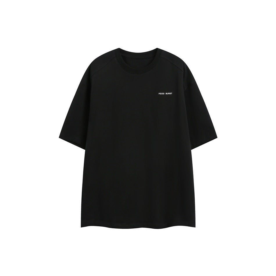 Black oversized crew-neck T-shirt with short sleeves and small white chest text, shown flat against a white background.