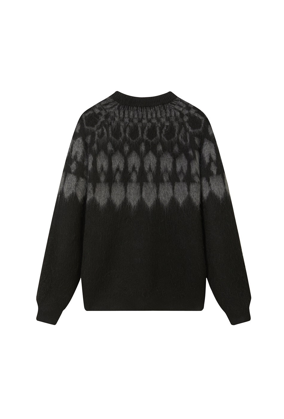Back view of black knit sweater with gray Fair Isle-style patterned yoke, ribbed neckline, cuffs and hem, flat lay