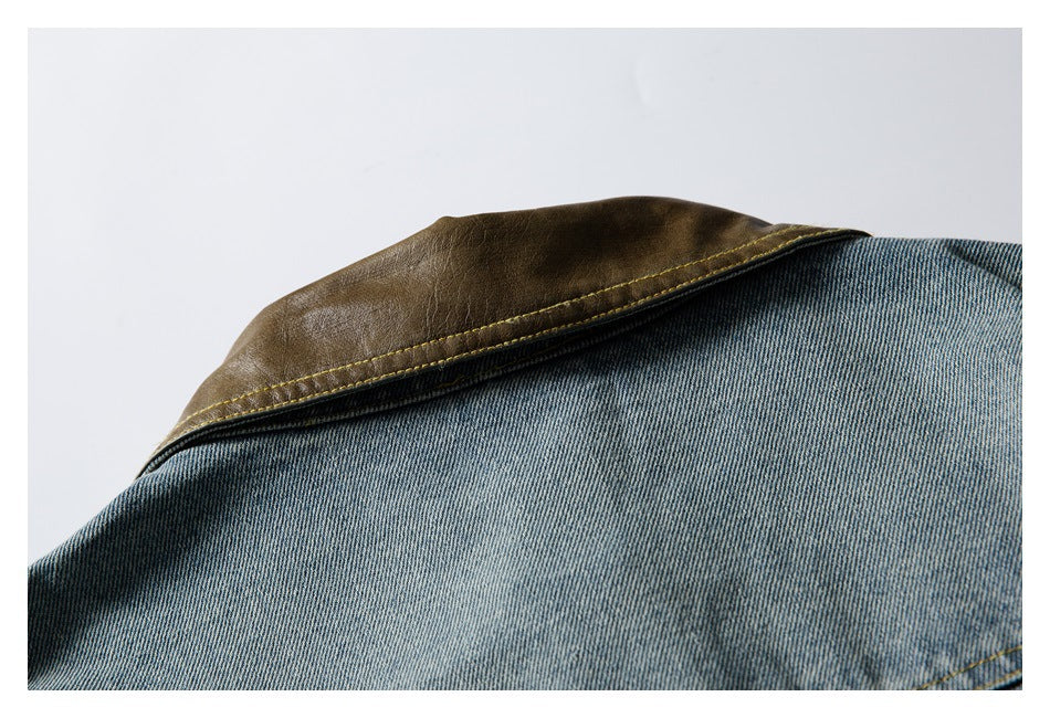 Close-up of a brown contrasting collar on a blue denim jacket.