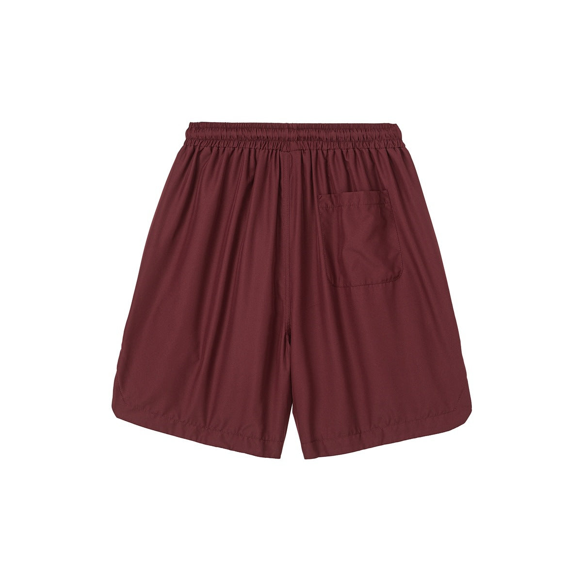 Burgundy shorts back view with elastic waistband and a patch pocket on the right