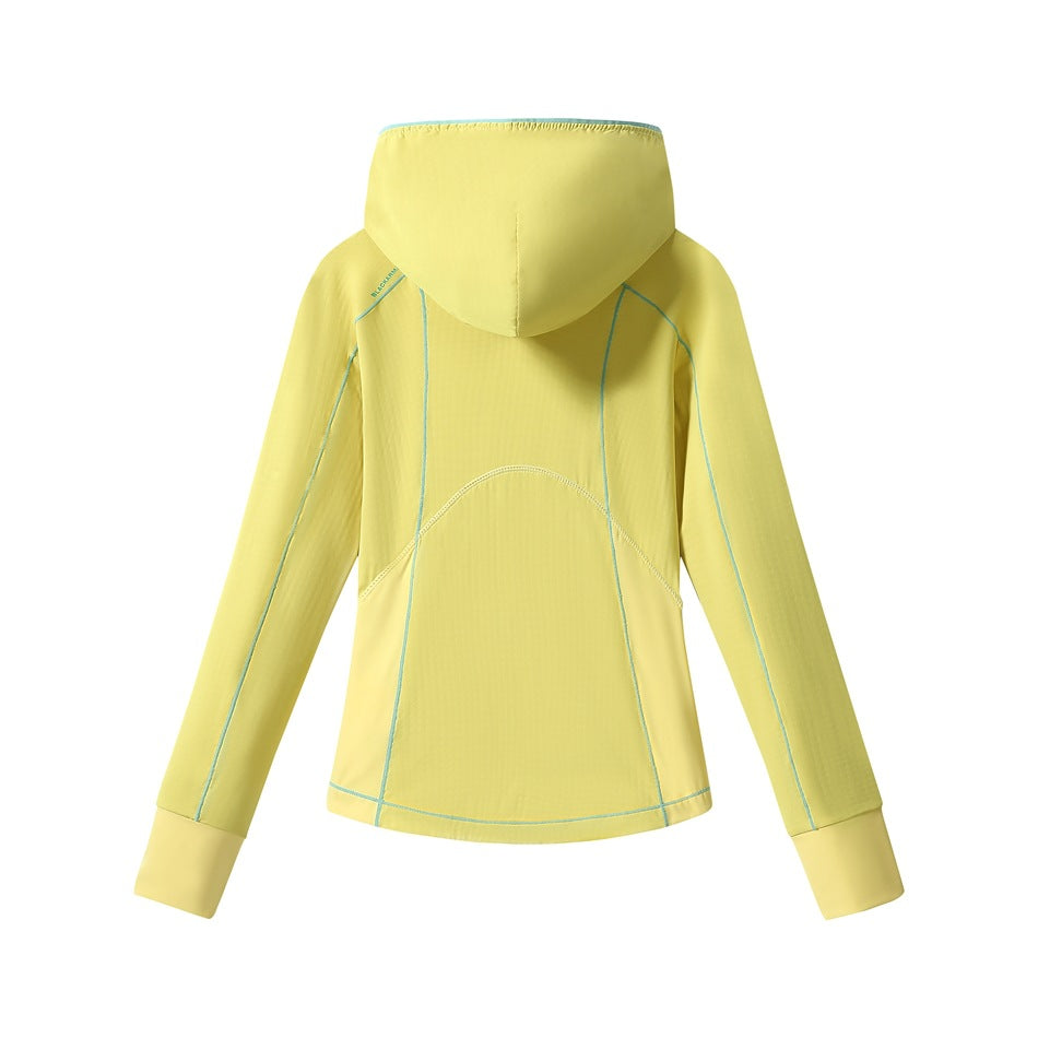 Back view of a yellow hooded jacket with turquoise seam piping and long sleeves.