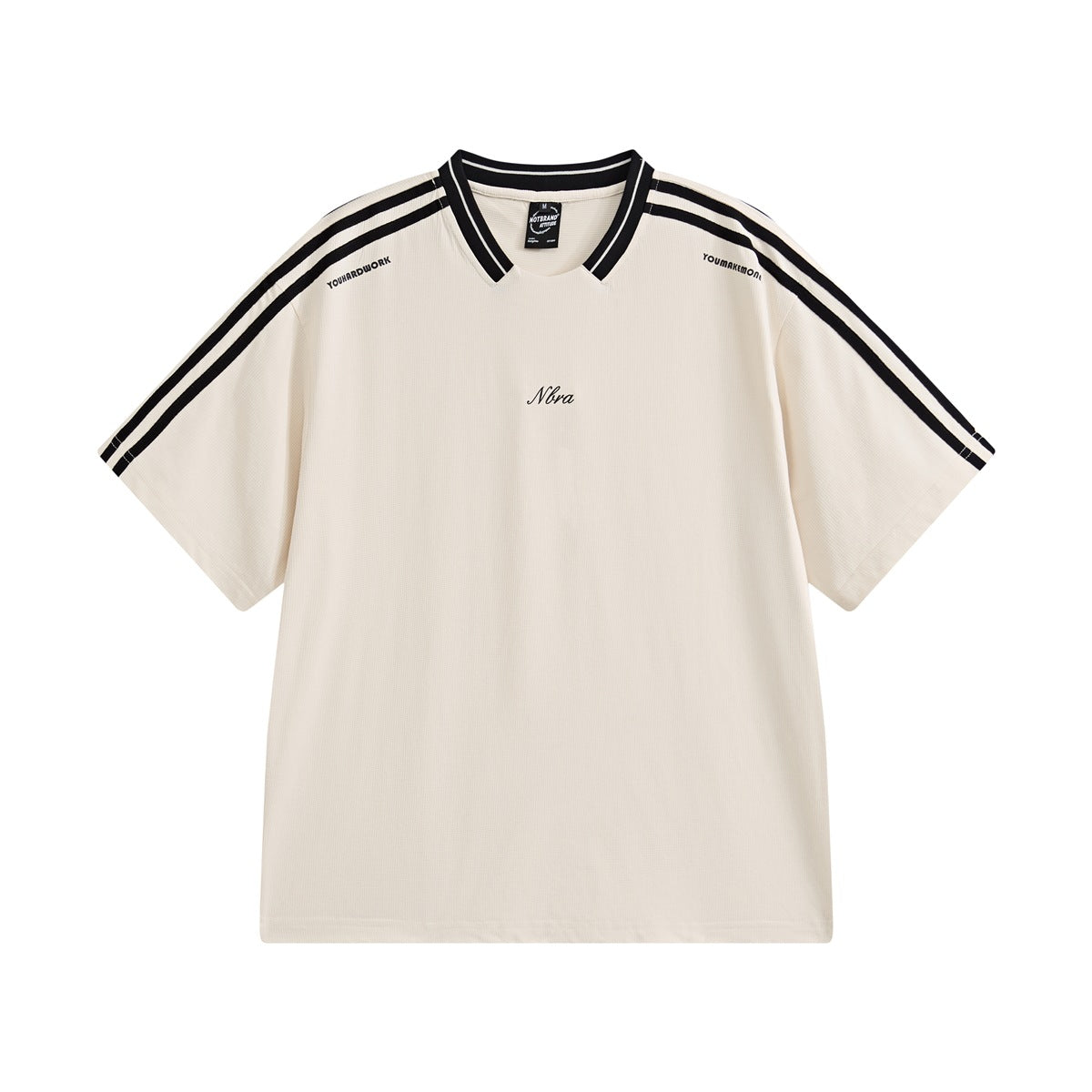 Beige short-sleeve T-shirt with black striped collar, shoulder stripes and small script chest print, front view