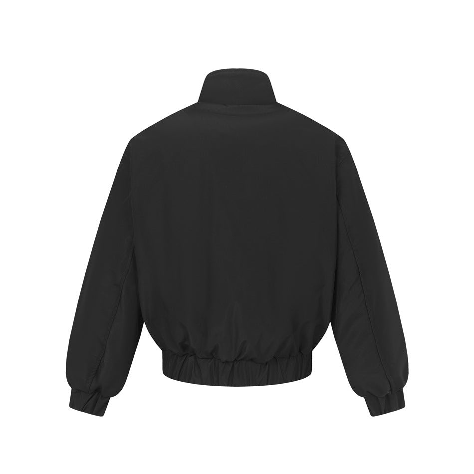Black bomber-style jacket, back view, with stand collar, plain back panel and elastic hem and cuffs