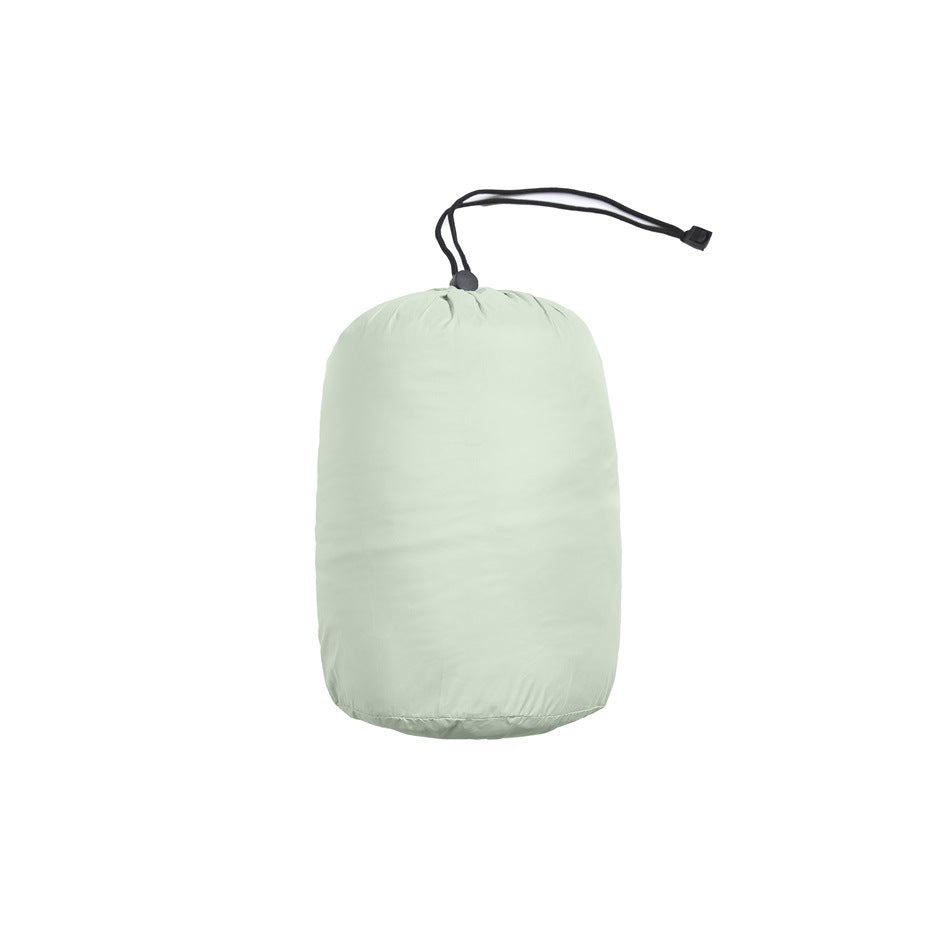 Pale sage green drawstring storage pouch with a black cord and toggle, shown against a white background.
