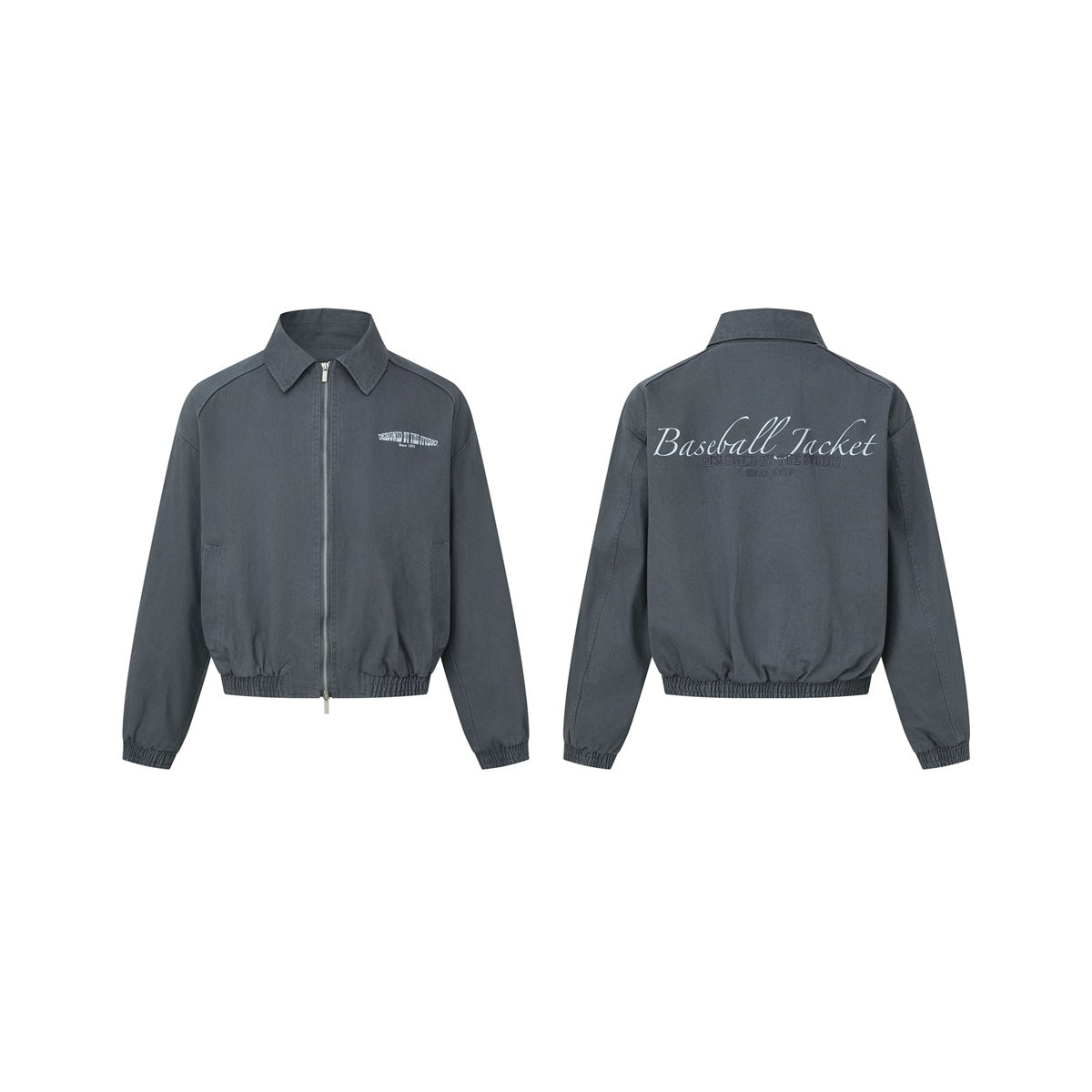 Charcoal jacket shown from the front and back, with a zip front, elastic cuffs and hem, and back text reading “Baseball