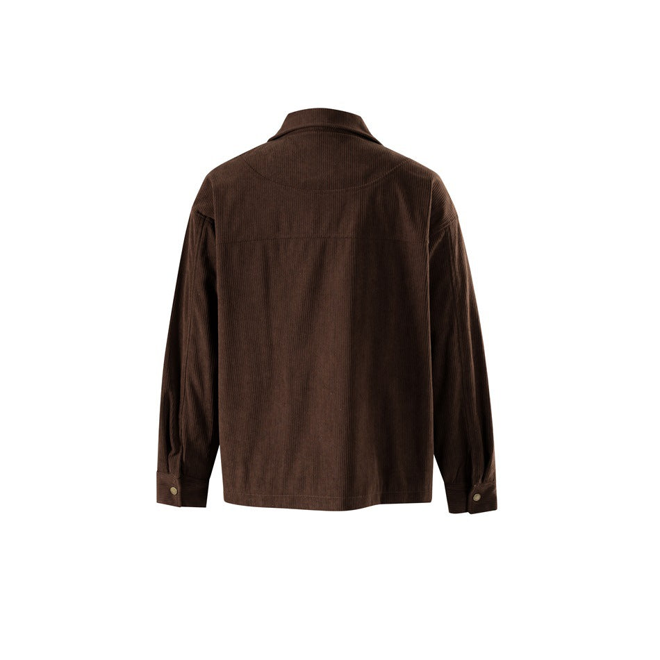 Back view of brown corduroy jacket with pointed collar, back yoke seam and snap-button cuffs