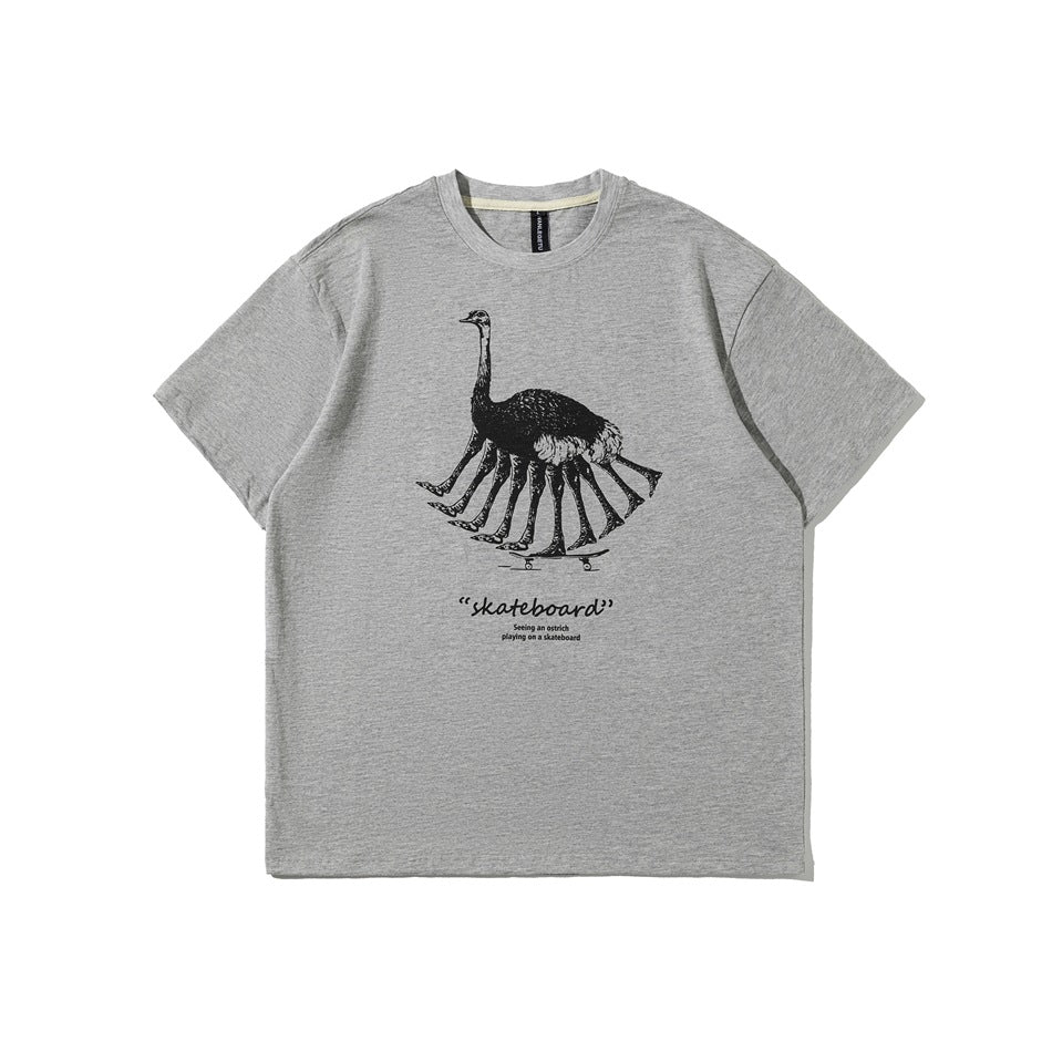 Heather gray short-sleeve crew-neck T-shirt with black ostrich-on-skateboard graphic and skateboard caption on the front