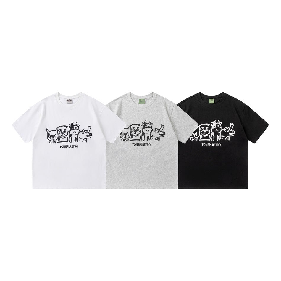 Three short-sleeve graphic T-shirts shown from the front in white, heather gray, and black.