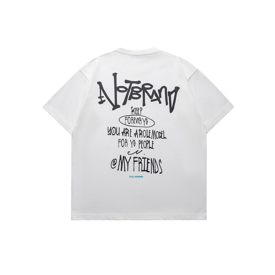 White short-sleeve T-shirt back with large black graffiti-style lettering print