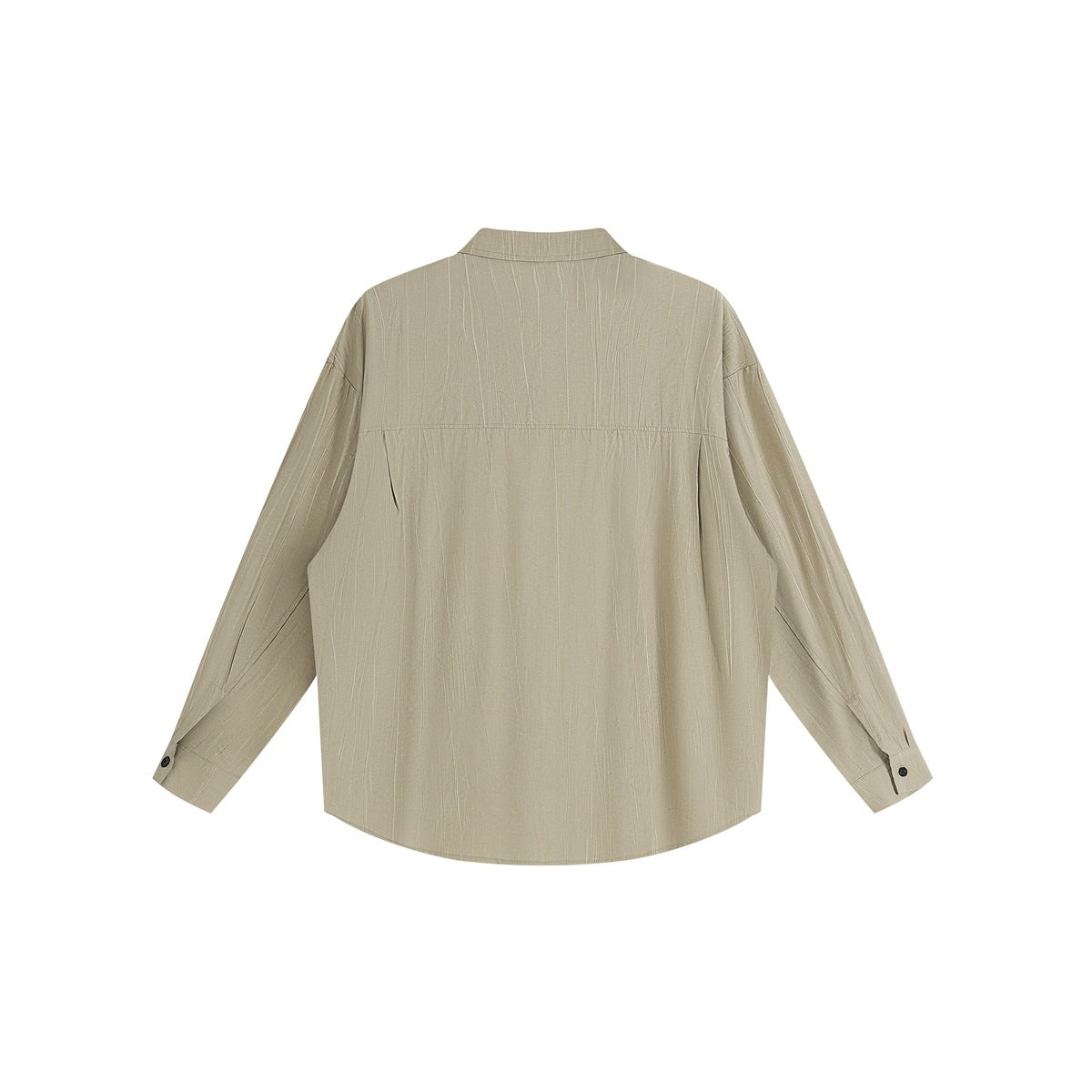 Back view of a beige pinstriped long-sleeved shirt with a yoke seam and button cuffs.