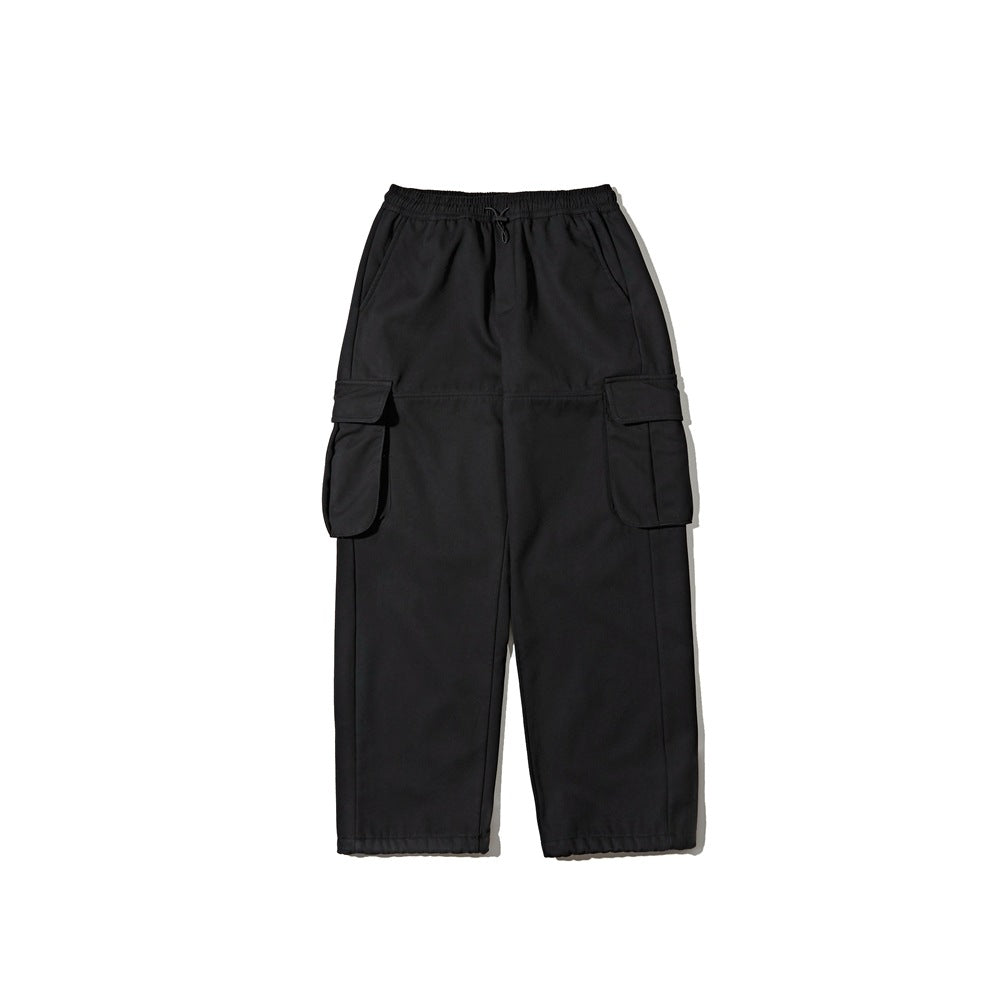 Black wide-leg cargo pants flat lay with elastic drawcord waist and large flap thigh pockets
