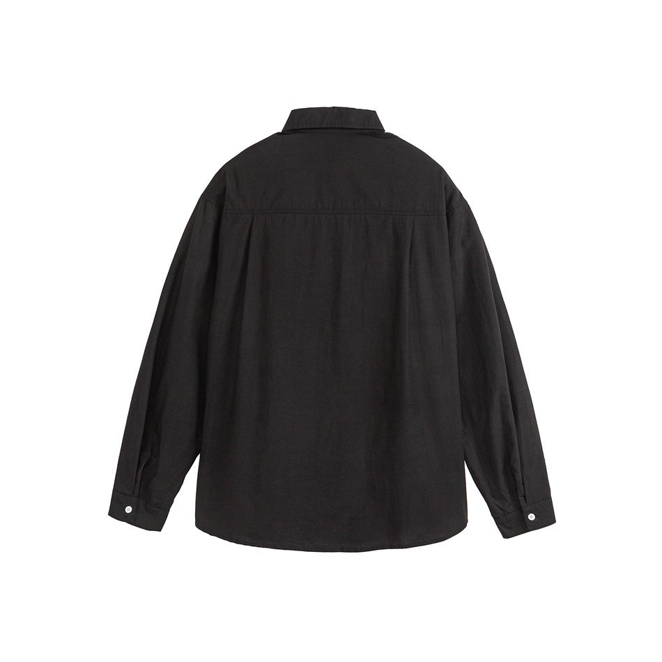 Back view of a black long-sleeved button-up shirt with a pointed collar and curved hem.