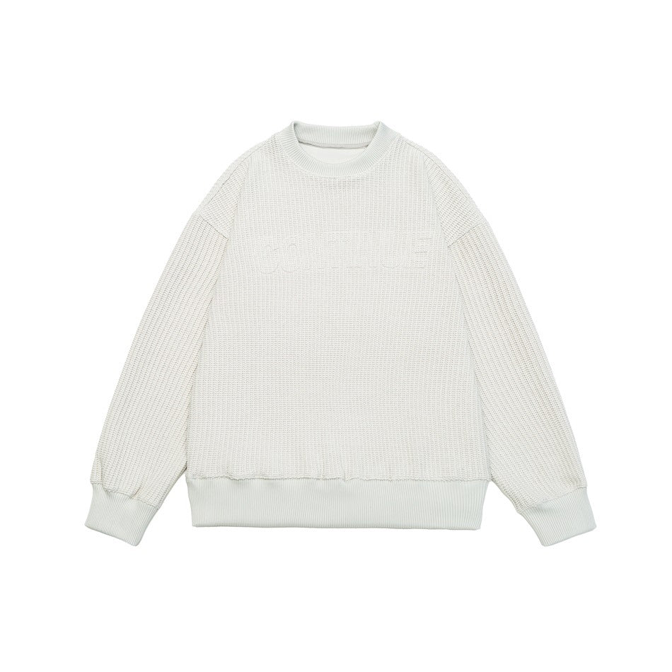 Light gray ribbed waffle-knit crewneck sweatshirt with embossed chest lettering, flat front view
