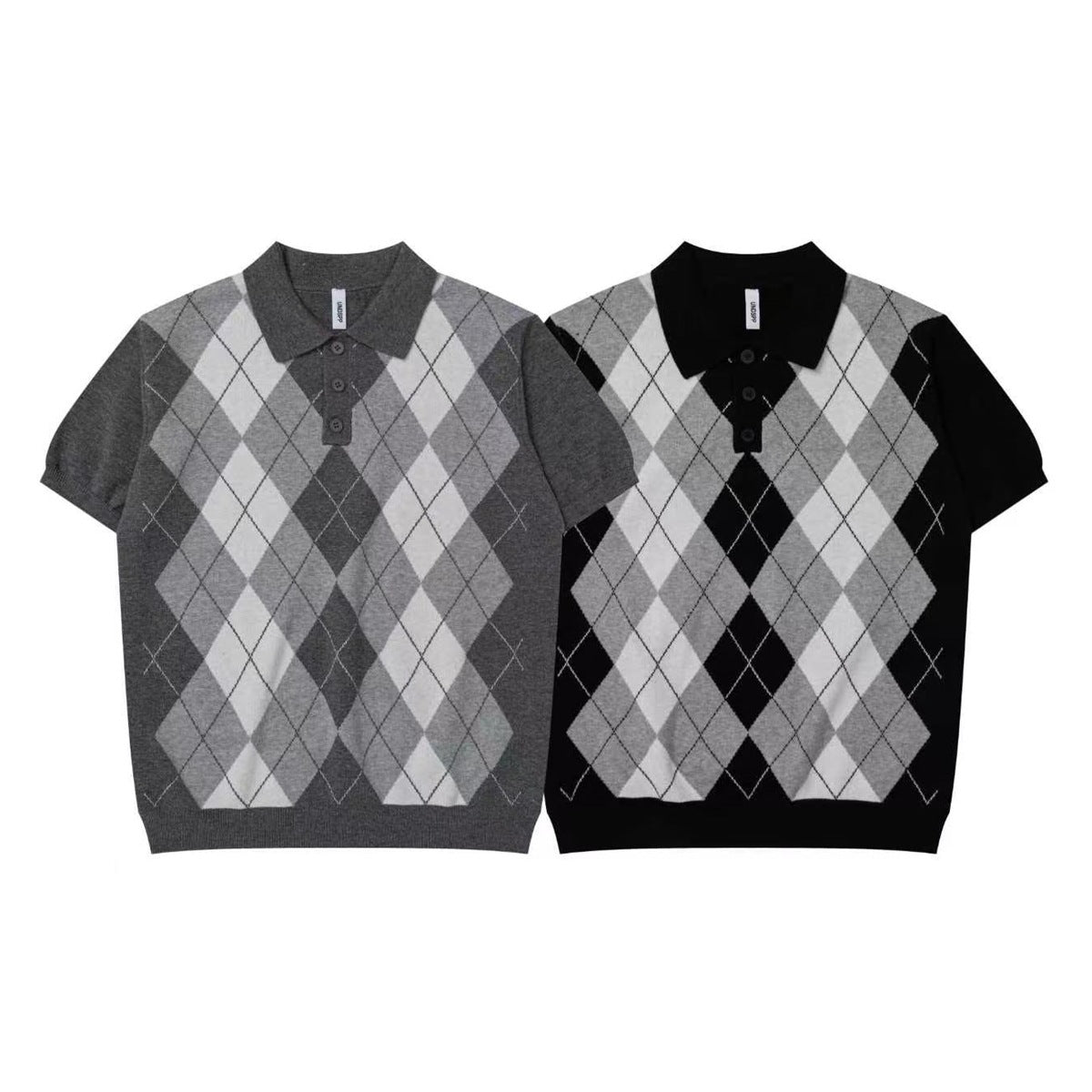 Two short-sleeve argyle knit polo shirts shown from the front in gray and black colorways.