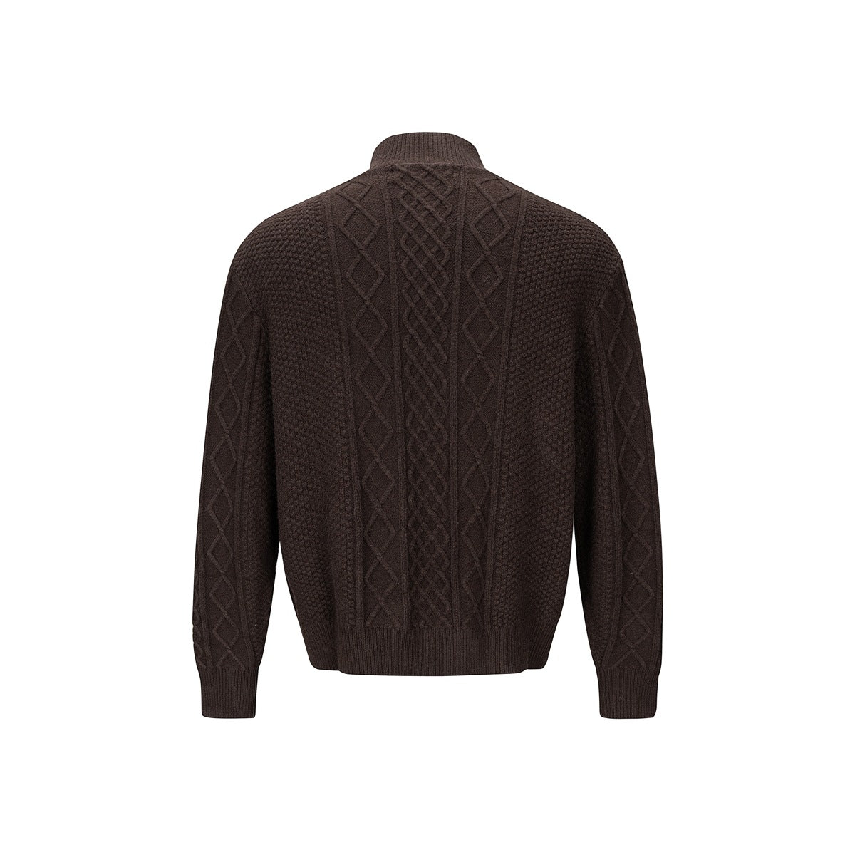 Back view of a dark brown cable-knit cardigan with a stand collar, patterned panels, and ribbed cuffs and hem.