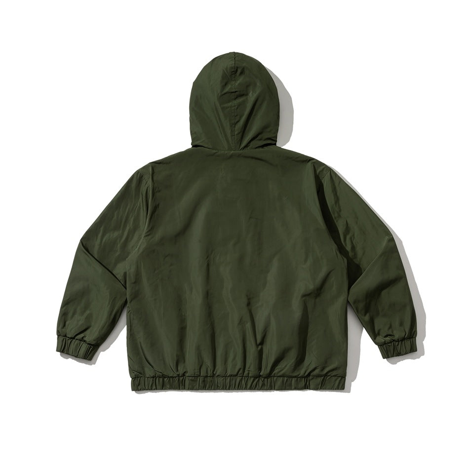 Back view of a dark olive green hooded jacket, laid flat against a white background.