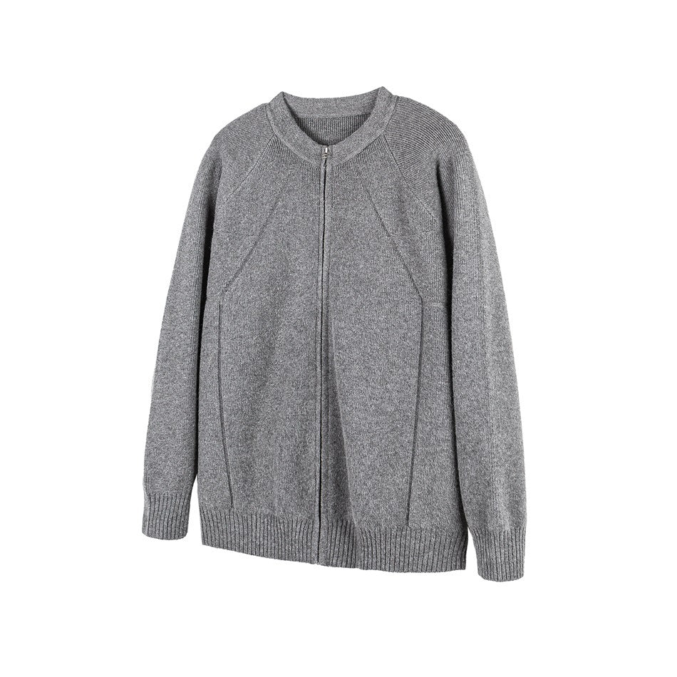Front view of a gray knit cardigan with a full-length zipper, raglan seams, and ribbed trim.