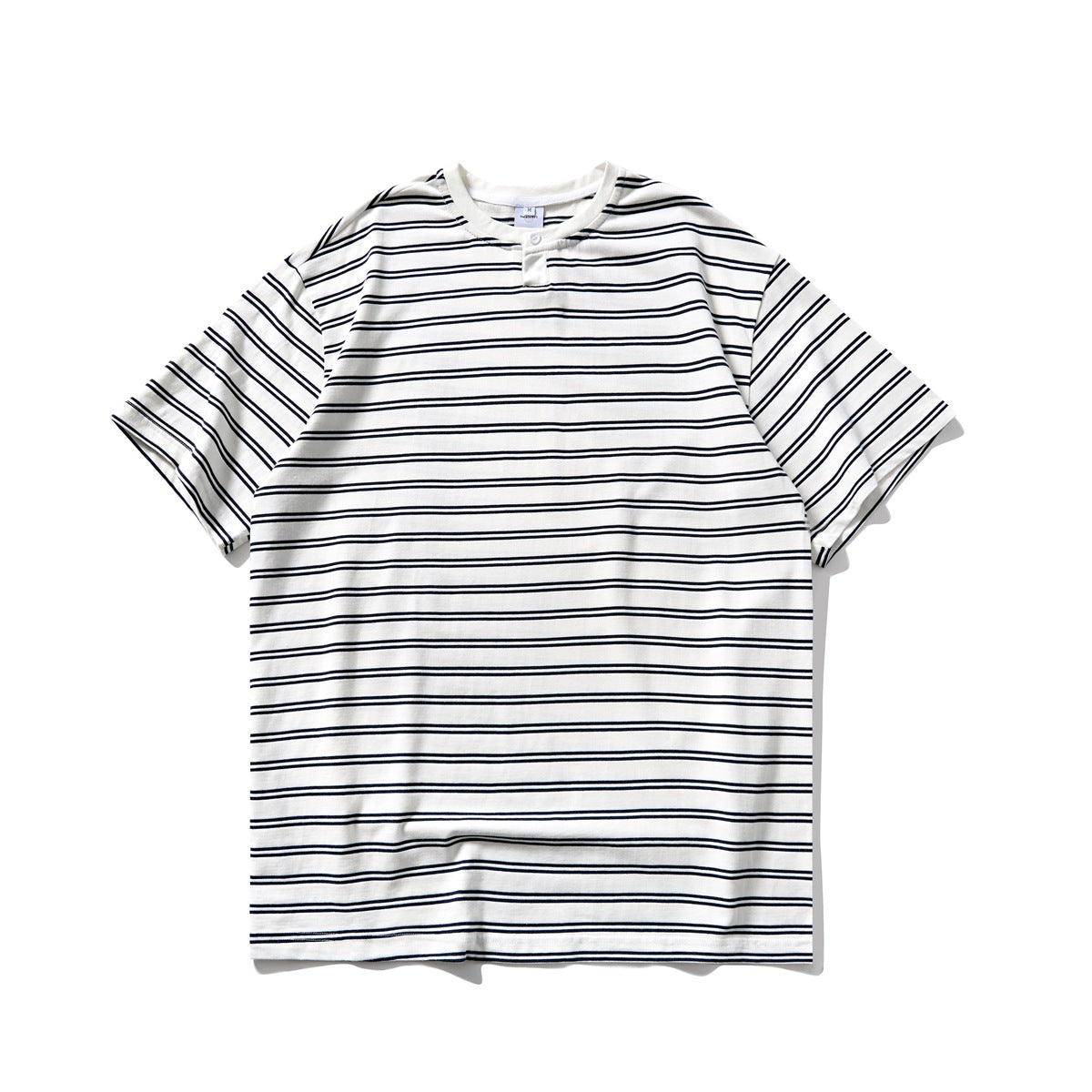 White short-sleeve Henley T-shirt with navy double stripes, flat lay front view
