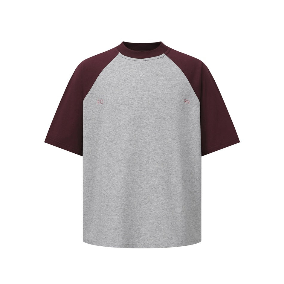 Front view of a heather gray raglan T-shirt with burgundy sleeves and collar, plus small red “FO” and “RN” chest lettering.