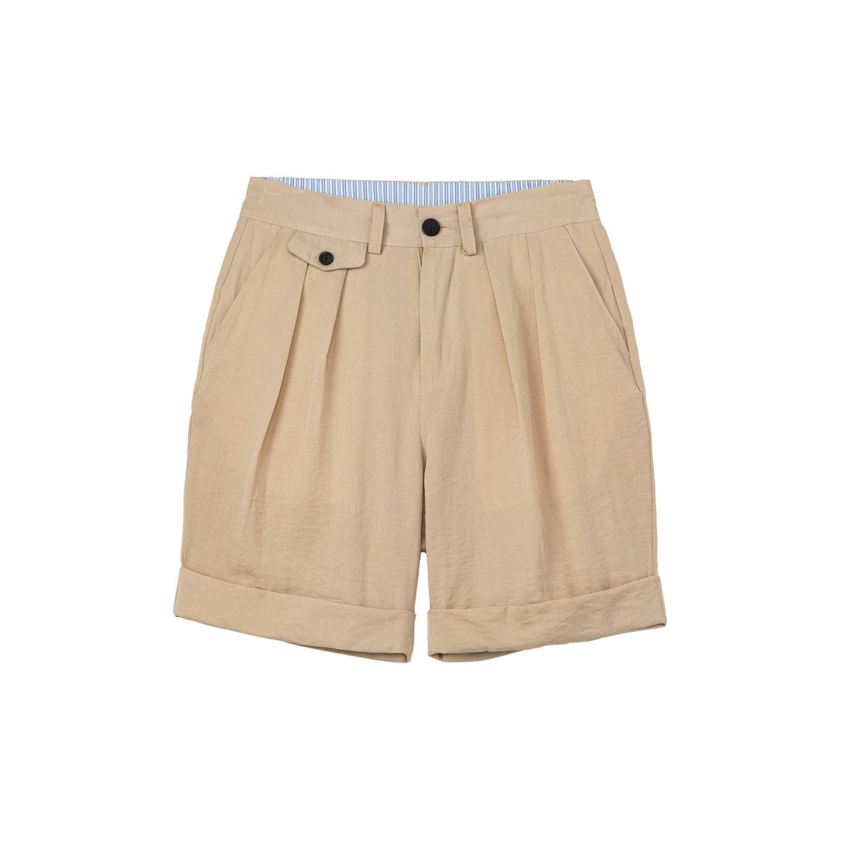 Front view of tan pleated shorts with slanted pockets, a buttoned waist, and cuffed hems.