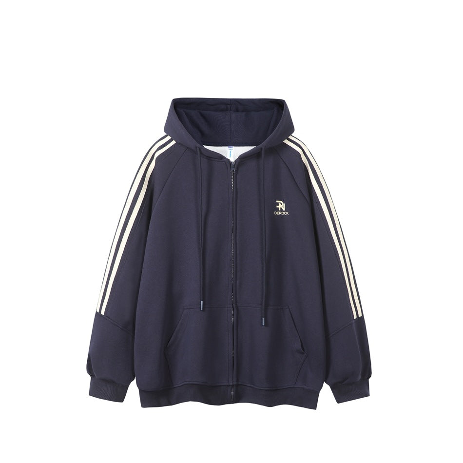 Navy blue zip-up hoodie with cream stripes on the sleeves, drawstrings, front pouch pocket and small chest logo, front view