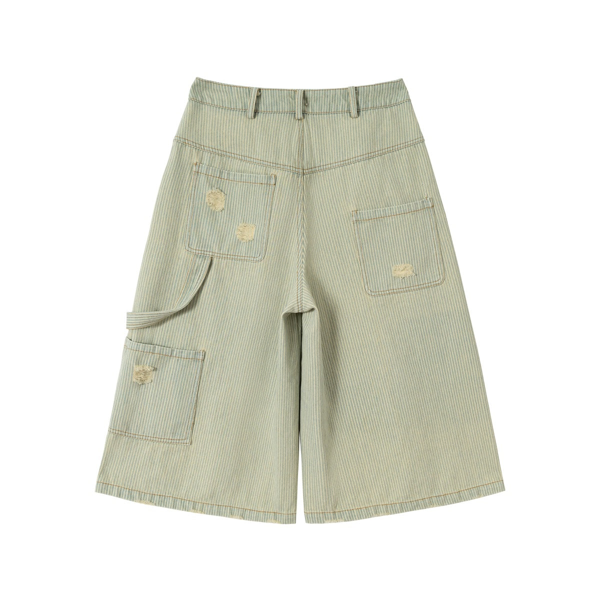 Back of striped wide-leg knee-length denim shorts with patch pockets, side utility pocket and hammer loop