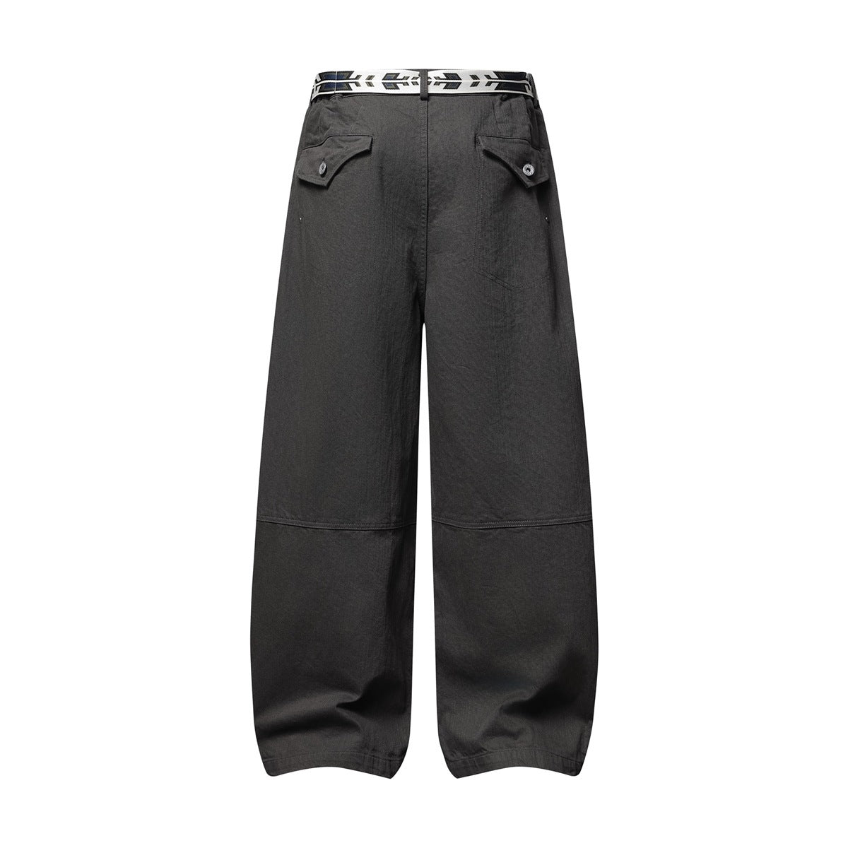 Full back view of charcoal wide-leg trousers with flap pockets, panel seams, and a patterned belt.