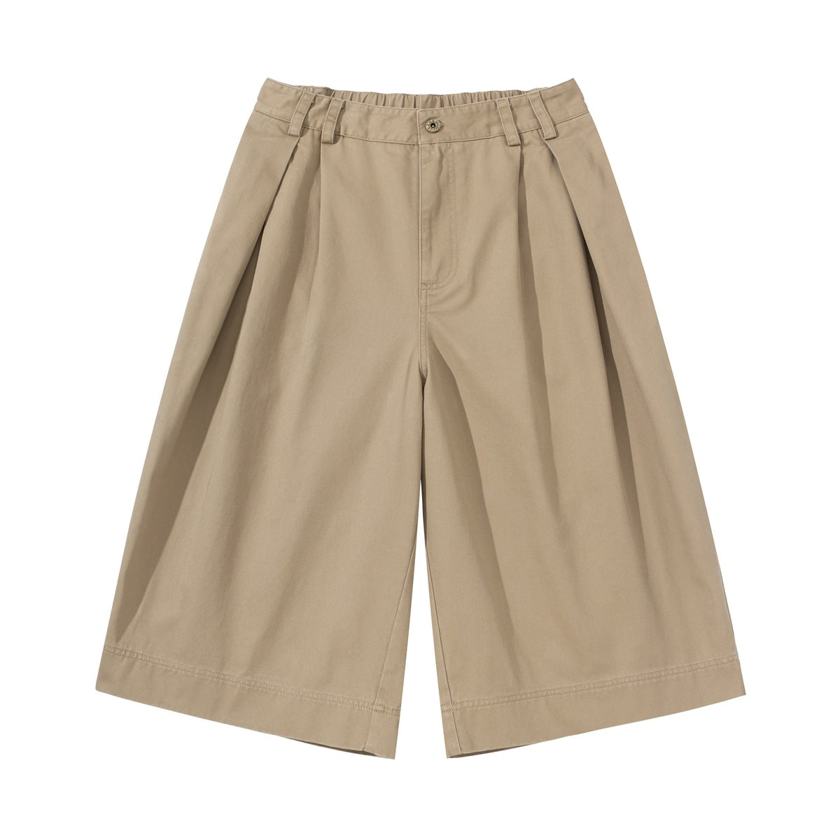 Khaki knee-length wide-leg pleated shorts, front view, with elastic waistband tabs and button closure