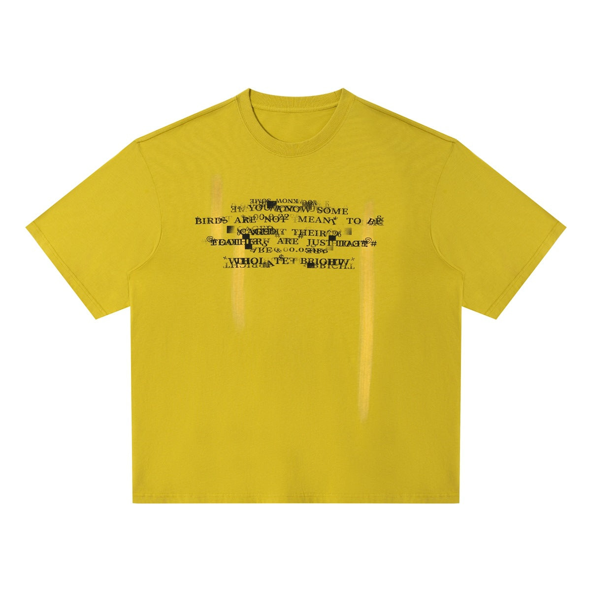 Yellow short-sleeve crew-neck T-shirt with distorted black text print and faded vertical streaks, flat front view